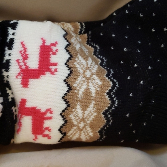 Black Faux Sherpa Knit Slipper Socks with Fairisle Deer Pattern & Traction Dots - Picture 2 of 5